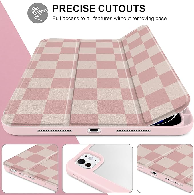 Case for iPad Pro 11 inch (M5) 2025 (M4) 2024 Release with Pencil Holder - Aesthetic Cute Preppy Design Trifold Cover with Soft TPU Bumper Clear Back Auto Sleep/Wake for Girls Women, Lattice