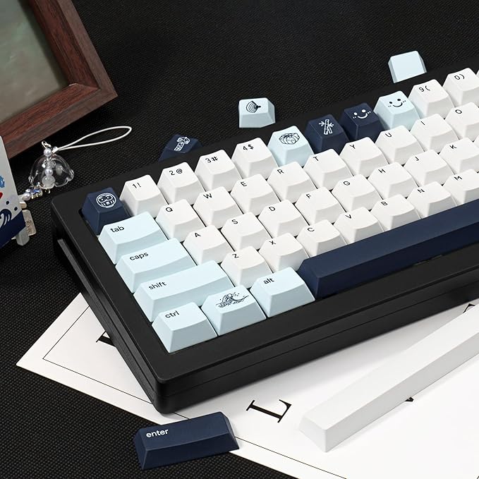 Custom Blue PBT Keycaps 134Keys - Cherry Profile Dye-Sublimation Japanese Style Keycaps Minimalist Cute Keycap Set Cherry MX Switches Mechanical Gaming Keyboard 60% 75% 100%