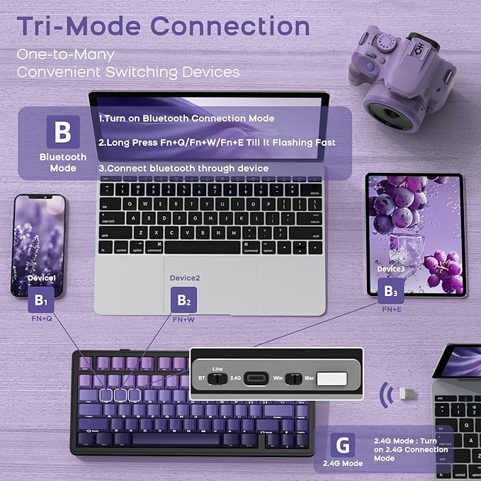 Yindiao Attack Shark X85 Wireless Mechanical Keyboard, TKL 82 Keys Bluetooth 5.0/2.4GHz/Wired Gaming Keyboard,Gasket Structure,Knob,RGB Hot Swappable Custom Keyboard for PC/Mac/PS4/Xbox(Purple)
