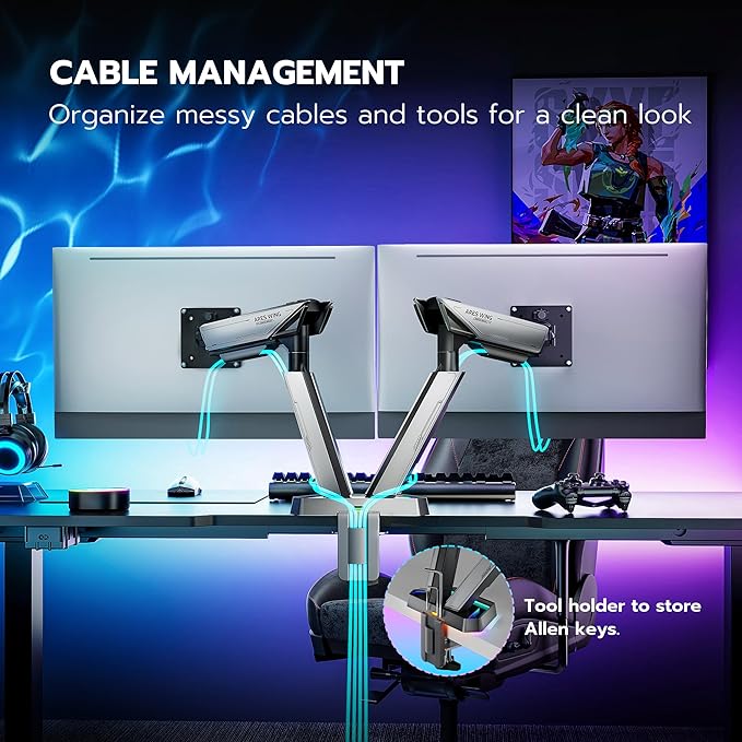ARES WING RGB Dual Monitor Arm for 17-38" Ultrawide Screens, Holds 35.2lbs, Heavy Duty Dual Monitor Stand for Desk, Adjustable Double Mount with Clamp & Grommet Base, 75/100 VESA Mount, Gray