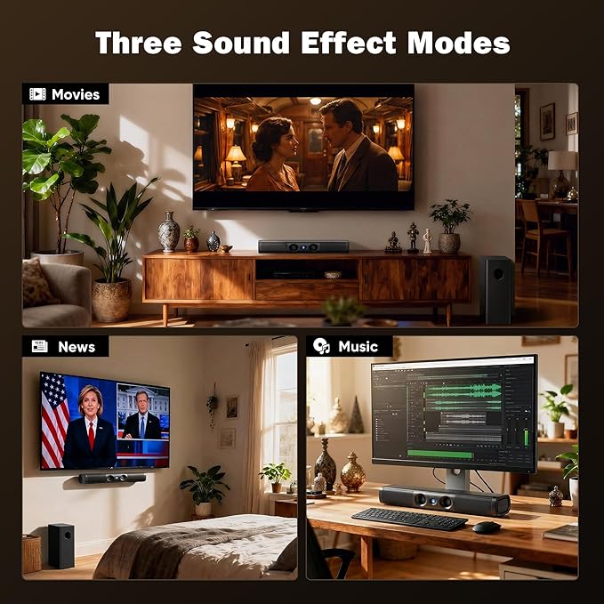 RIOWOIS Sound Bar for Smart TV,3.1ch Soundbar with Wired Subwoofer,100W Deep Bass, TV-ARC/Optical/AUX/Bluetooth 5.3 Connect, Surround Sound System for TV PC/Gaming/Projectors
