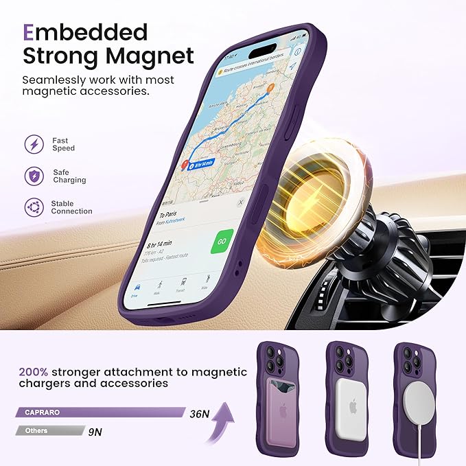 CAPRARO for iPhone 16 Pro Max Case with 360° Spin Magnetic Stand for Women, [Compatible with MagSafe] [Full Camera Protection] Cute Wave Translucent Matte Case for iPhone 16 Pro Max, Deep Purple