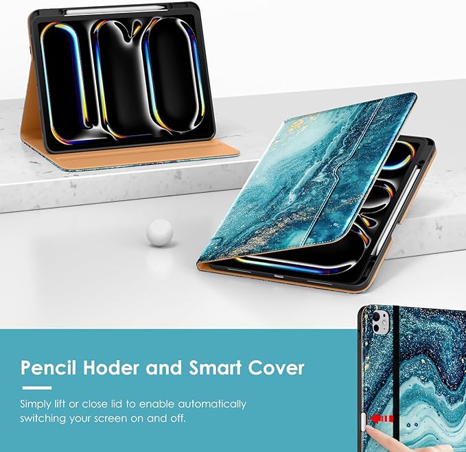 VIKESI Case for iPad Pro 13 (M4) 2024, Leather Stand Cover with Apple Pencil Holder, Auto Wake/Sleep, Multiple Viewing Angles, Built in Hand Strap & Pocket, Sandy Wave