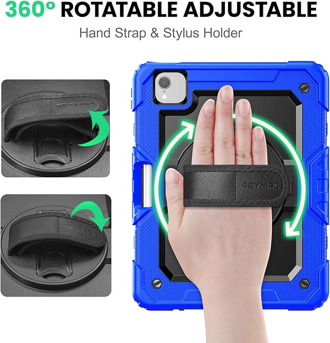 SEYMAC for iPad Air 5th/ 4th Generation Case 10.9 Inch, Full-Body Shockproof Protective Case with Screen Protector, Rotating Stand/Handle/Shoulder Strap/Pencil Holder for iPad Air 5/ Air 4, Blue