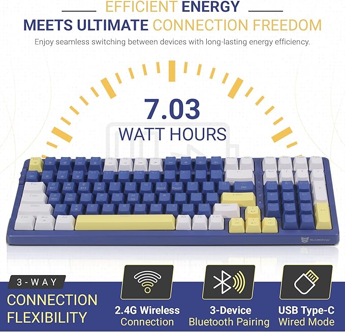 Qisan Wireless/Wired Mechanical Gaming Keyboard, Triple Mode 2.4G/USB-C/BT (98%) Wireless Mechanical Keyboard with US Layout | Brown Switch Rechargeable RGB Backlit Keyboards for Gaming, Blue & White