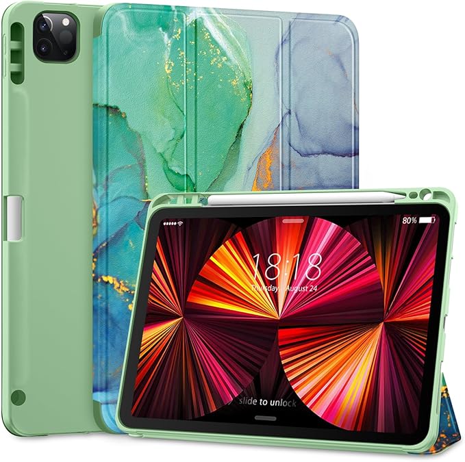 DTTO for iPad Pro 11 inch 4th/3rd/2nd/1st Generation 2022/2021/2020/2018 Case, Smart Slim Trifold Stand Soft TPU Back Cover with Built-in Pencil Holder, Also Fit iPad Air 5/4,Marble Green