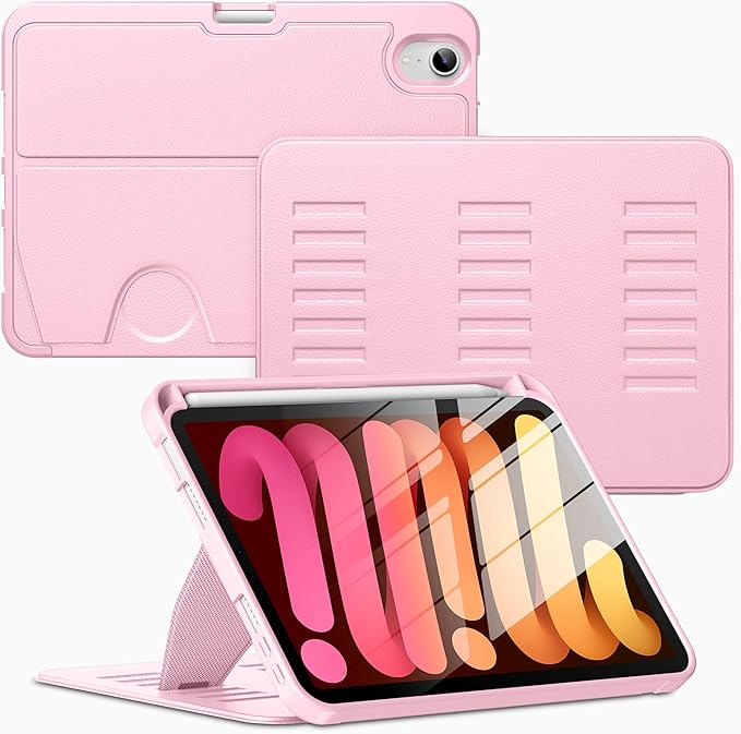 VIKESI Case for iPad mini 7 (A17 Pro) and iPad mini 6,Multiple Angles Magnetic Stand Cover,Shockproof Soft Back,Pencil Holder,and Auto Sleep/Wake,Pink