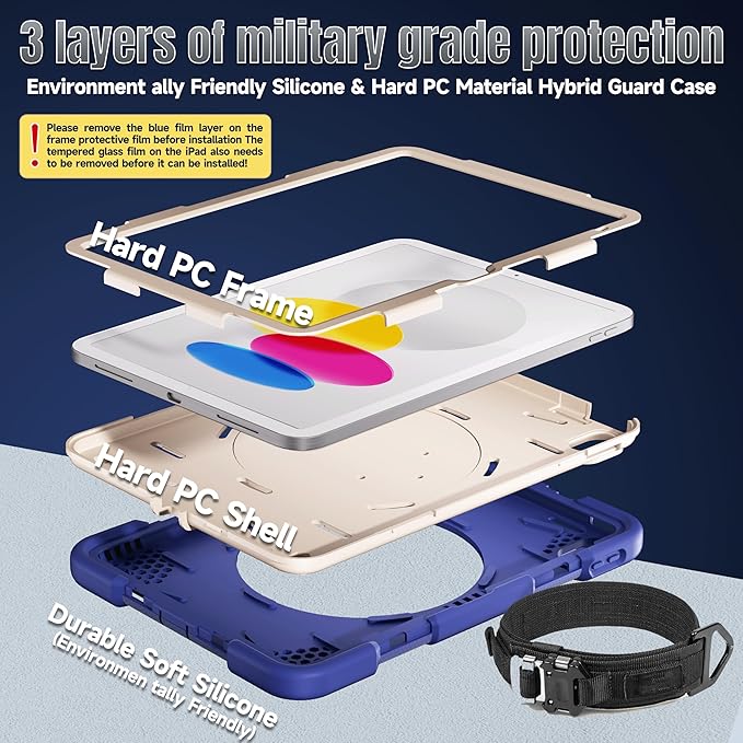 Andnary Case for iPad (A16) 11th /10th Generation 11/10.9 Inch 2025/2022 with Screen Protector/360° Rotate Stand/Shoulder Strap/Pencil Holder, Shockproof iPad 11th/10th Gen Cover (Navy+White)