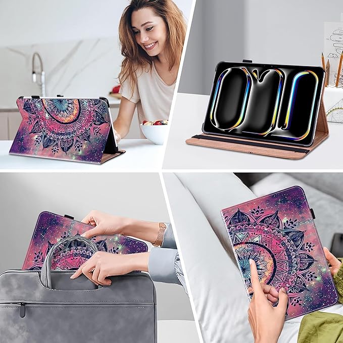 Case for iPad Pro 13 inch (M5/M4) 2025/2024, Premium Leather Folio Stand Protectors Cover with Auto Wake/Sleep, Pencil Holder, Hand Strap and Card Slots - Mandala