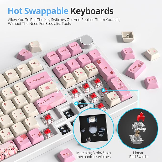 Fogruaden Pink Creamy Mechanical Keyboard with Number Pad, Hot Swappable RGB Gaming Keyboard, 98 Key Full Layout, Custom Gasket Mount, Red Switch, NKRO for Win/Mac