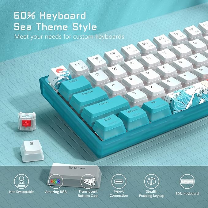 Womier 60% Percent Keyboard,WK61 V2 Mechanical RGB Wired Gaming Keyboard,Hot-Swappable Creamy Key Board with PBT Keycaps,Linear Red Switch for Windows/MAC (Blue)