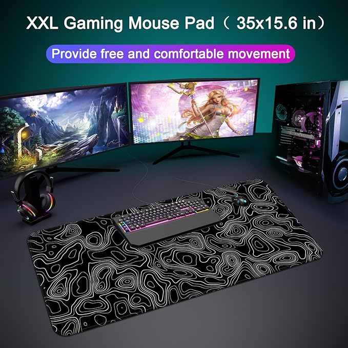 Desk Mat,Large Gaming Mouse Pad 35''×15.6'' XXL Extended Mouse Pad Mat Desk Pad with Non-Slip Base Mousepad for Computer,Office,Keyboard and Laptop - Topographic Black and White