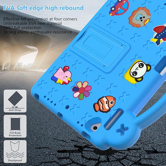 Dteck Kids Case for iPad 9.7 Inch 6th/5th Gen 2018/2017 & iPad Air 2/1 & iPad Pro 9.7,Cartoon Panda Shockproof Rugged Lightweight Pencil Holder Convertible Handles Stand Kids Friendly Case,Sky Blue