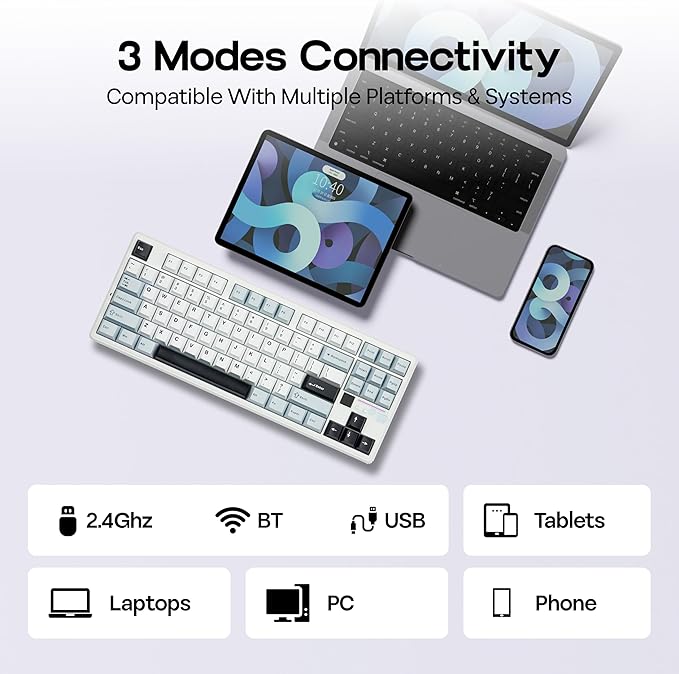 MechLands Aula F87 PRO V2 Wireless Gaming Keyboard with 10000mAh Battery, 8K Polling, SOCD/MT/TGL, BT/2.4GHz/Wired, Hot Swap TKL Mechanical Keyboard with Creamy Gasket, RGB Backlit (White Blue)