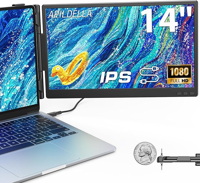 APILDELLA 14'' Dual Laptop Screen Extender, 1080P FHD Laptop Extended Monitor Portable with Speaker, Plug-Play Second Monitor for 13-16'' Laptops, Work with Mac, Window, Chrome