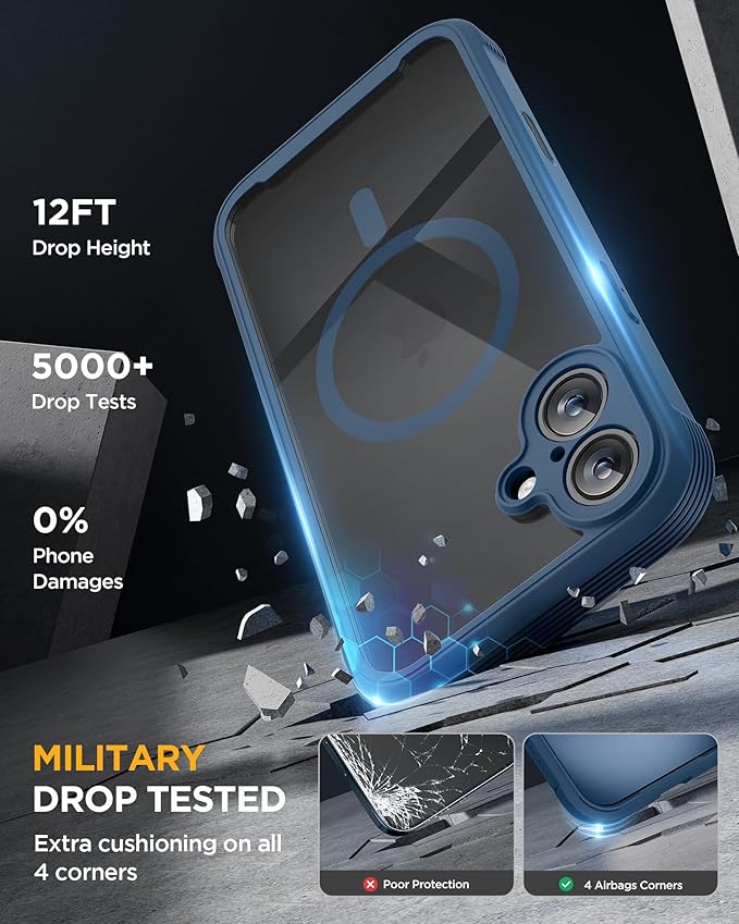 Miracase for iPhone 16 Case 6.1'', Full-Body Protective Phone case with Built-in Full Glass Screen &Camera Control,Easy Installation,No Gap,Compatible with MagSafe,SGS Drop Proof 16 Cover,Storm Blue