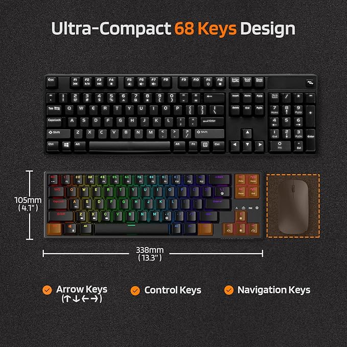 LTC NB681 Nimbleback Wired 65% Mechanical Keyboard, RGB Backlit Ultra-Compact 68 Keys Gaming Keyboard with Hot-Swappable Switch and Stand-Alone Arrow/Control Keys (Hot Swappable Red Switch, Black)