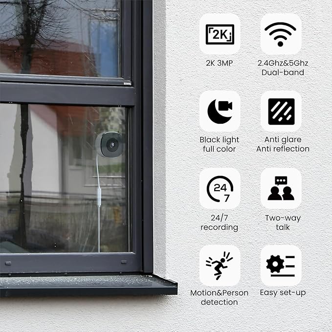 INFIYA 2K Window Cameras for Home Security- 5Ghz & 2.4Ghz WiFi Window Camera, Color Night Vision, Motion & Human Detection, Continuous 24/7 Recording, Cloud(Optional) & Local Storage, K1 1P