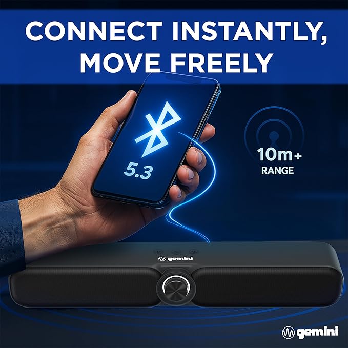 Gemini Portable Bluetooth Soundbar with FM Radio, USB & microSD Wireless Speaker with 3600mAh Battery, Multiple Input Modes, Compact Gaming & Outdoor Audio Bar (GSBR-20)