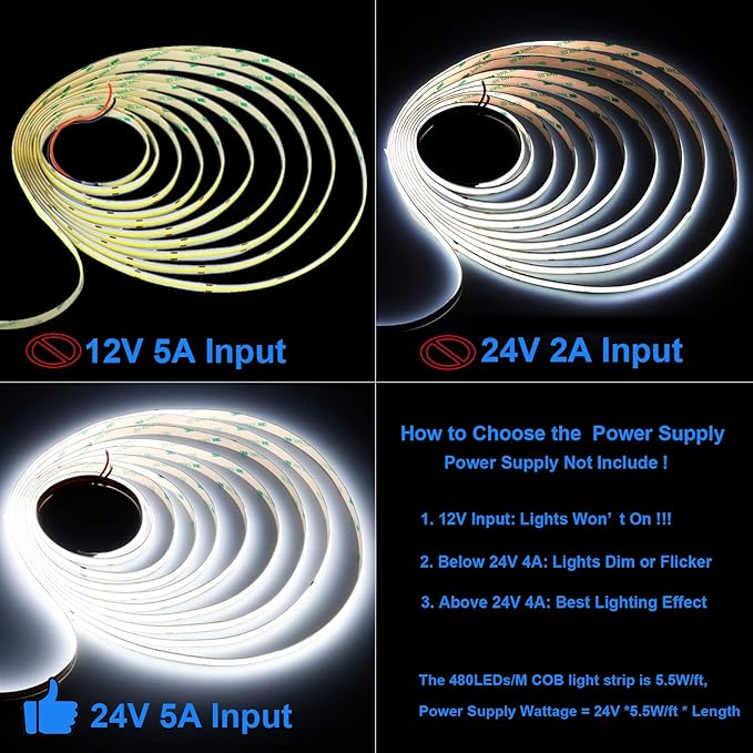 JOYLIT 24V COB LED Strip Lights 16.4ft 6000K Cool White 550LM/FT Super Bright CRI 95+, UL Premium 2400LEDs Dotless Dimmable Adhesive Tape Light 90W for Commercial, Industrial, Residential