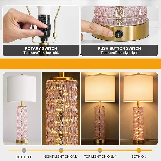 Oneach 27.75" Modern Table Lamps Set of 2, Pink Bedside Lamp with Class Nightlight, USB A+C, Unique Desk Lamps for Living Room, Bedroom, Nightstand, End Table (2 Bulbs Included)