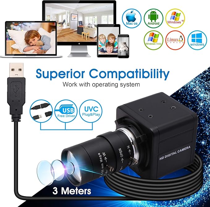 USB Camera 4K Ultra HD Webcam with 5-50mm Varifocal Lens USB Camera High Resolution 3840P Optical Web Camera,Manual Zoom Conference Webcam Support OPENCV on Mac/Window/Linux