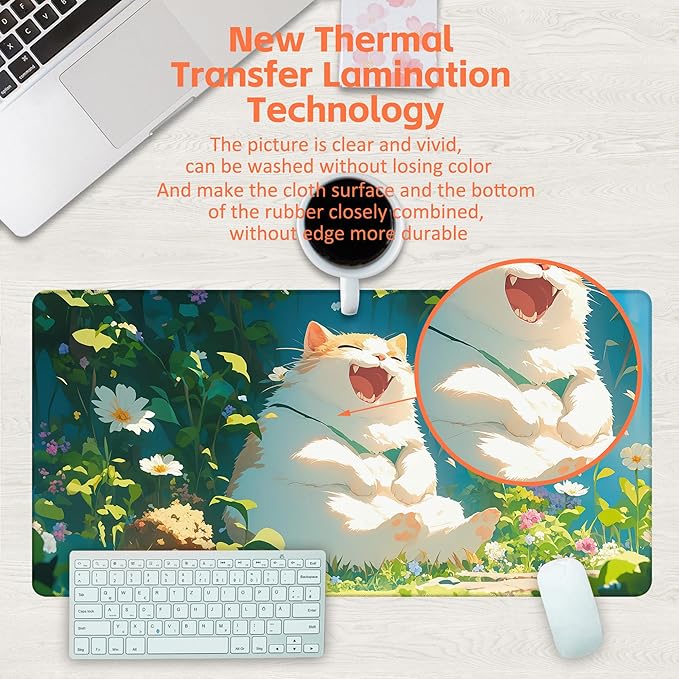 Desk Pad, Happy Fat Cat Desk Mat, Cute Anime Cat Large Gaming Mouse Pad for Desk, 31.5"x15.7" Extended Big Computer Keyboard Mouse Pad with Non-Slip Base and Stitched Edge