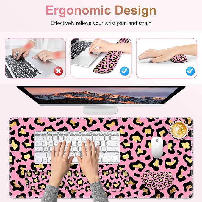 Large Gaming Mouse Pad Set, 4 in 1 Extended Keyboard Desk Mat with Wrist Rest, PC Computer Game Mousepad Set, Non-Slip Desk Pad Easy Typing Pain Relief for Home Office I Pink Leopard Print