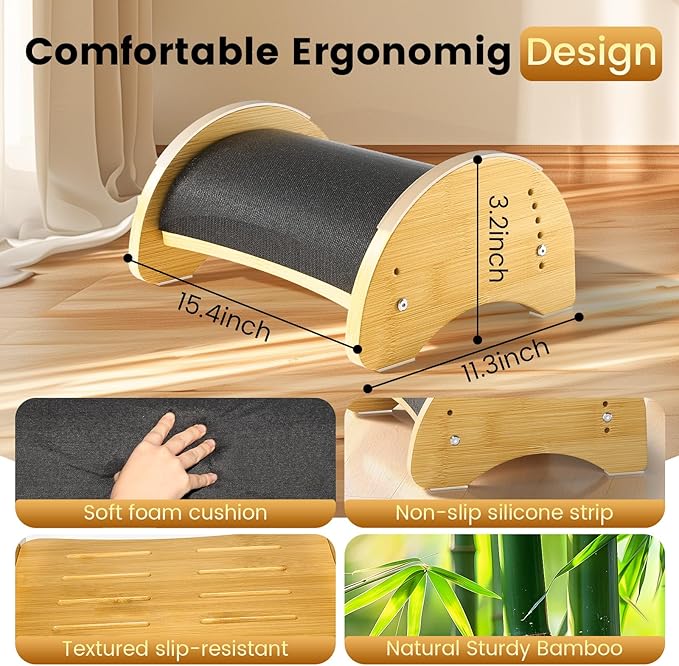 Bamboo Under Desk Footrest with Cushion - 6-Level Adjustable Ergonomic Wooden Foot Rest for Office & Home - Reversible Rocking Footstool for Short Legs, Back & Lumbar Pain Relief - Non-Slip