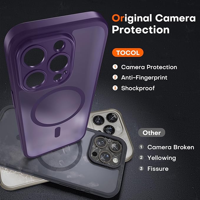 TOCOL Magnetic for iPhone 14 Pro Case, Upgraded Full Camera Protection, Compatible with Magsafe, Drop Protection, Translucent Matte Back Bumper Phone Cover 6.1-Inch (Midnight Purple)