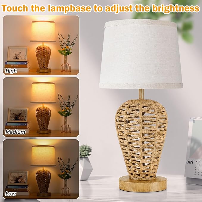 Boho Table Lamp,Touch Control & 3 Way Dimmable,100% Hand Woven Rattan Coastal Farmhouse Bedside Nightstand Lamp for Bedroom, Living Room, Office (2700K Bulb Included)