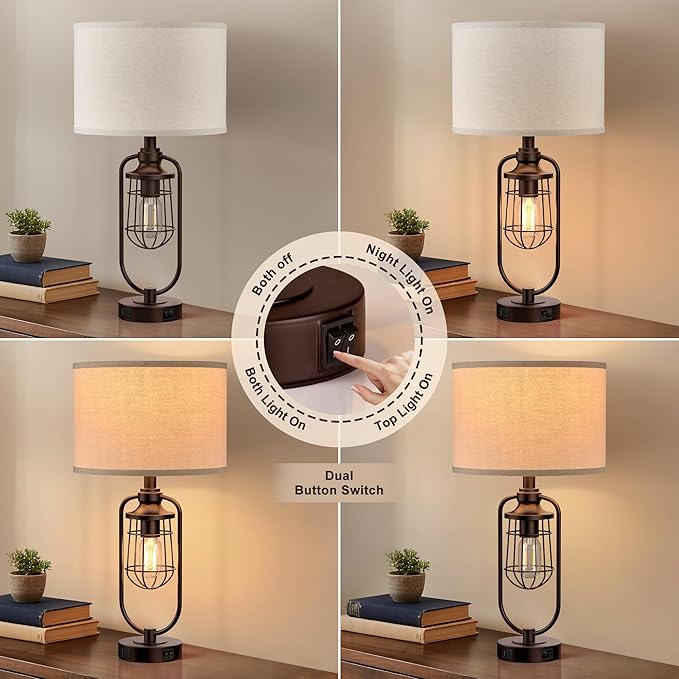Table Lamps for Living Room Set of 2, Farmhouse Lamps for Night Stands, Industrial Bedside Lamps for Bedroom Nightstand with USB A+C, Bulbs Included