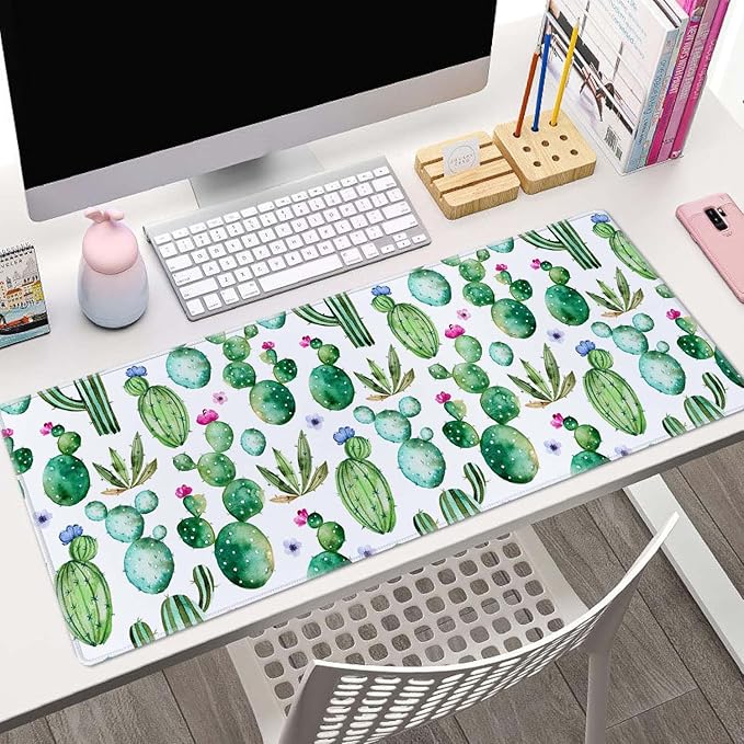 Large Gaming Mouse Pad with Stitched Edges, Desk Pad Extended Keyboard Mat, Non-Slip Rubber Base Mousepads for Laptop, Office, Home, 31.5X11.8 inch Watercolor Cactus and Flowers