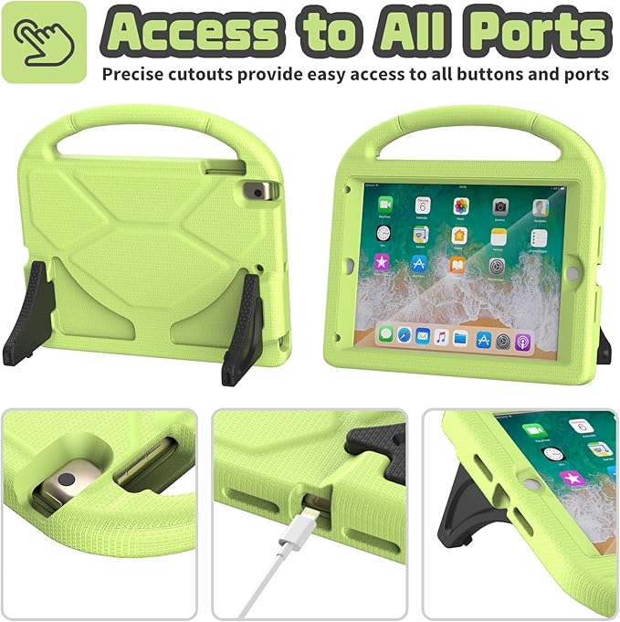 YIHE Shockproof Kids Case for iPad 6th/5th Generation (9.7 inch, 2018/2017), iPad Air 2/1 & Pro 9.7 | Durable Protective Cover with Built-in Screen Protector & Stable Stand, Light Green