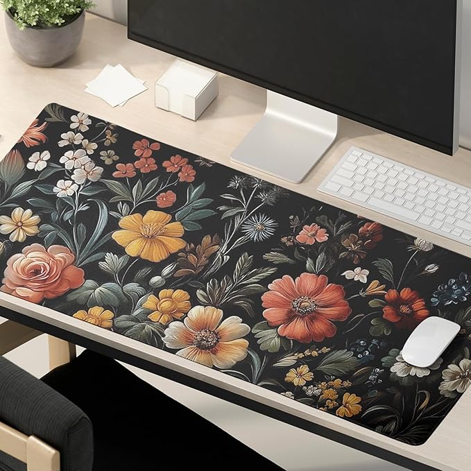 Large Floral Mouse Pad Extended Gaming Mousepad 31.5"x11.8" Vintage Aesthetic Black Desk Mat Flower Mouse Pad Plant Wildflower Mousepad XXL Laptop Computer Keyboard Mats for Desk Office