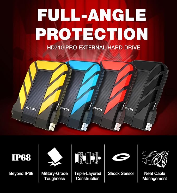 ADATA HD710 Pro - 2 TB External Hard Drive - Shockproof, Waterproof & Dustproof - Durable Storage - For Gamers, Students & Professionals - Mac, PC & Linux Compatible - Yellow - AHD710P-2TU31-CYL