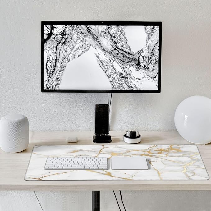 Extra Large Mouse Pads White Gold Marble Print XXL Extended Mousepad with Stitched Edges Non-Slip Rubber Base Computer Keyboard Pad Desk Mat for Home Office Desk Decor, 35.4" X 15.7"