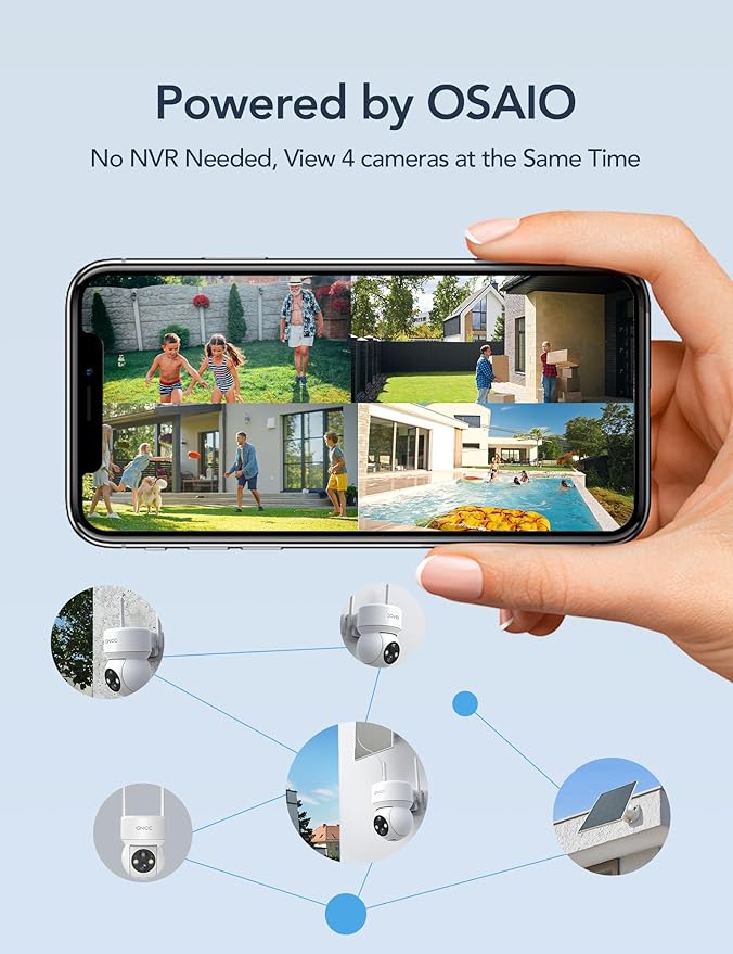GNCC Solar Security Cameras Wireless Outdoor 2.4G WiFi, 360° View, Solar/Battery Powered, AI Human Detection, Color Night Vision, 2-Way Audio, Spotlight Siren Alarm, IP65 Waterproof, SD/Cloud Storage
