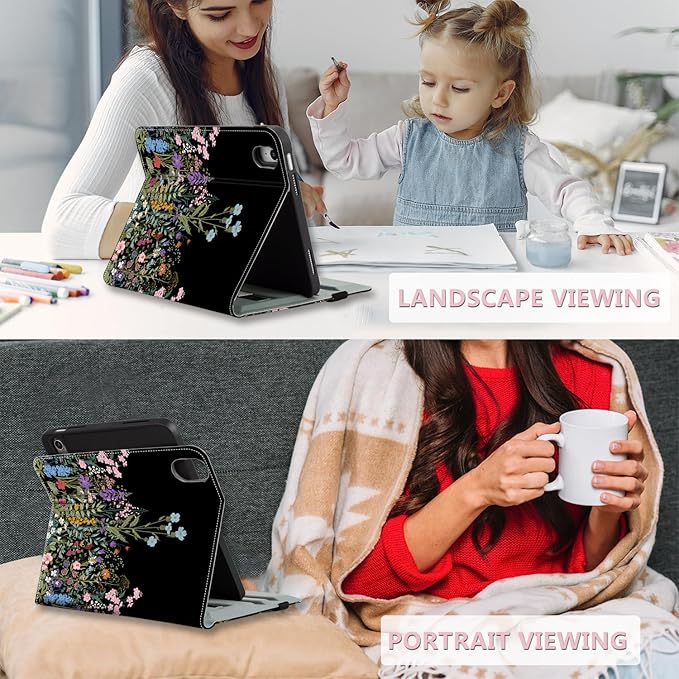 for iPad (A16) 11Th/10Th Generation Case 2025/2022,for iPad Case 11th/10Th Generation 360 Degree Rotating 4 Viewing Angles Pencil Holder/Hand Strap/Pocket Auto Wake/Sleep Cover, Black Flowers