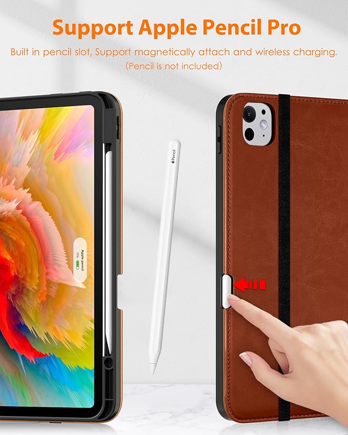 DTTO for iPad Pro 13 Inch Case (M5/M4) 2025/2024, Premium Leather Business Folio Stand Cover with Pencil Holder - Auto Wake/Sleep & Multiple Viewing Angles, Built in Hand Strap & Pocket, Brown