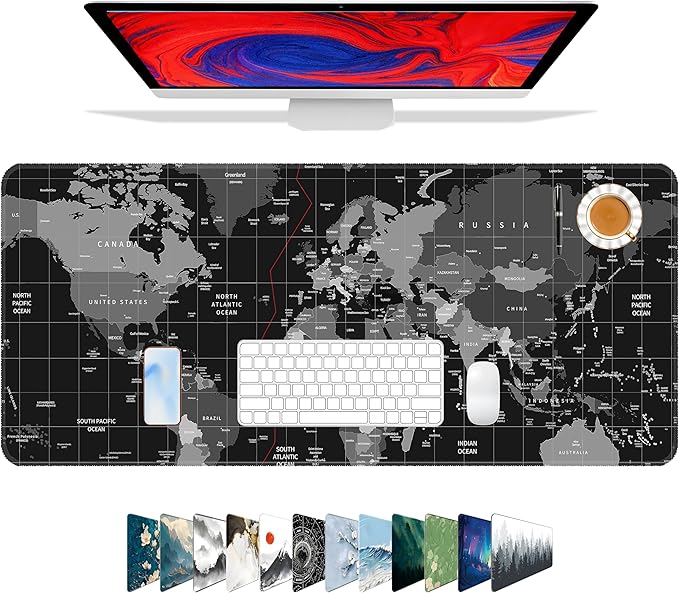 Galdas Mouse Pad for Gaming,XXL XL Large Mouse Mat Long Extended Mousepad Desk Mat Non-Slip Rubber Mice Pads Stitched Edges Thin (31.5 x 11.8 x 0.12 Inches),World Map Background