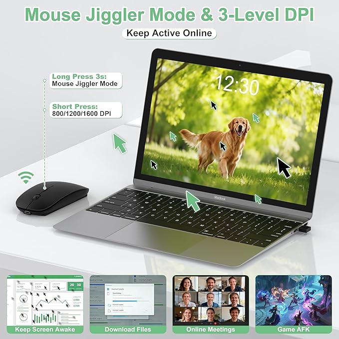Wireless Mouse for MacBook Pro/Air, Bluetooth Rechargeable Mouse with USB-C, Slim Mouse Jiggler for iPad/iMac/Laptop/PC, 2.4G Dual Mode, Silent Click, Compatible Mac OS/Windows, Black