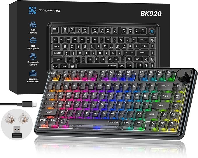 Transparent Mechanical Keyboard, 80-Key RGB Backlit Wireless Gaming Keyboards, Hot Swap Customizable Clear Acrylic Design, Quiet Linear Switches, 3 Modes BT5.0/2.4G/USB-C 4000mAh Battery (Black)