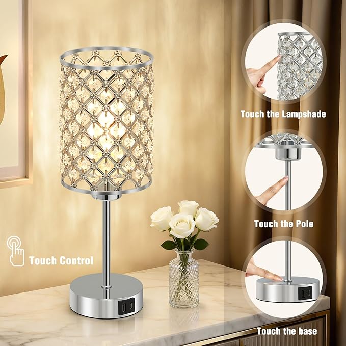 GyroVu Set of 2 Silver Crystal Touch Table Lamps for Bedroom, Dimmable Modern Bedside Lamps with USB-C & USB-A Ports, Nightstand Desk Lamps for Living Room & Home Office - Bulbs Included