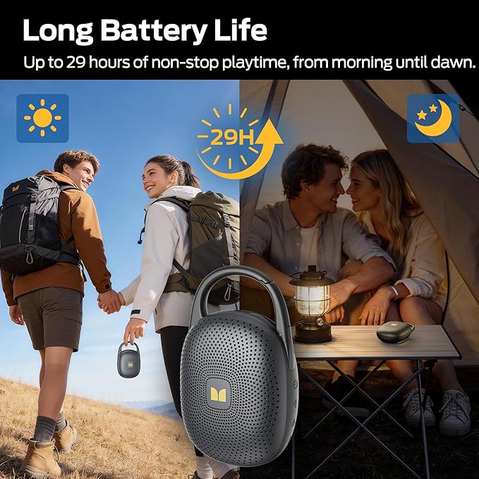 Monster Clip-On Speaker with Carabiner, Ultra-Portable Bluetooth 6.0 Shower Speaker IPX7 Waterproof, 29H Playtime Small Wireless Speaker for Hiking Camping Beach Outdoor Travel - Black