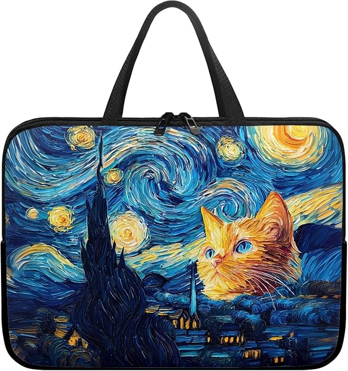 15 Inch Starry Night Cat Laptop Sleeve Tablet Protector Case with Handle, Men Women Zipper Computer Bag Carrying Case Notebook Cover Messenger Briefcase for Travel/Office/Work