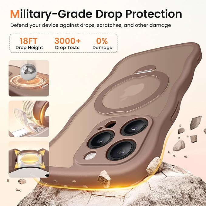 CAPRARO for iPhone 15 Pro Max Case with 360° Spin Magnetic Stand for Women, [Compatible with MagSafe] [Full Camera Protection] Cute Wave Translucent Matte Case for iPhone 15 Pro Max, Brown