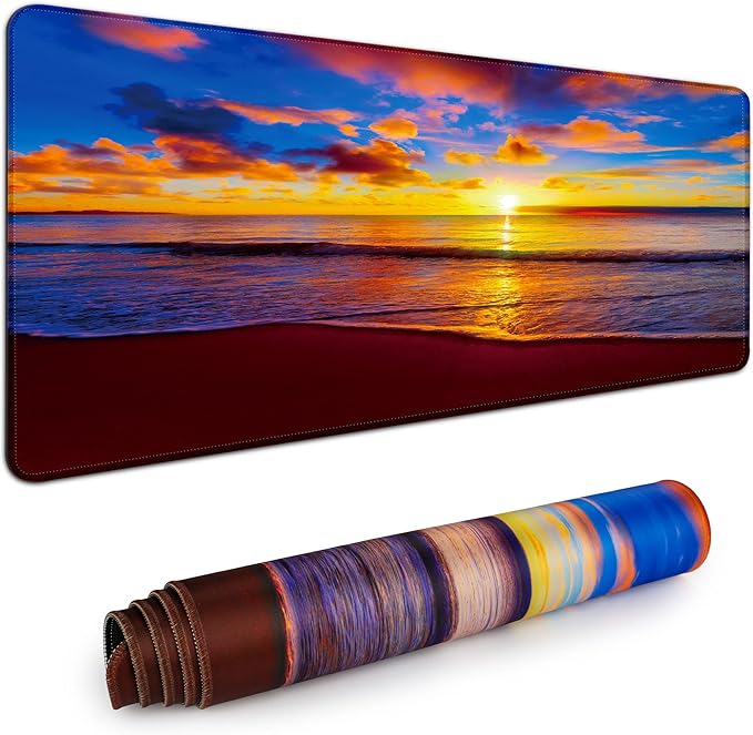 Desk Mat,Large Mouse Pad 35''×15.6'' XXL Extended Gaming Mouse Pad Mat with Non-Slip Base Stitched Eges Mousepad for Computer,Office,Keyboard and Laptop - Sunset Beach