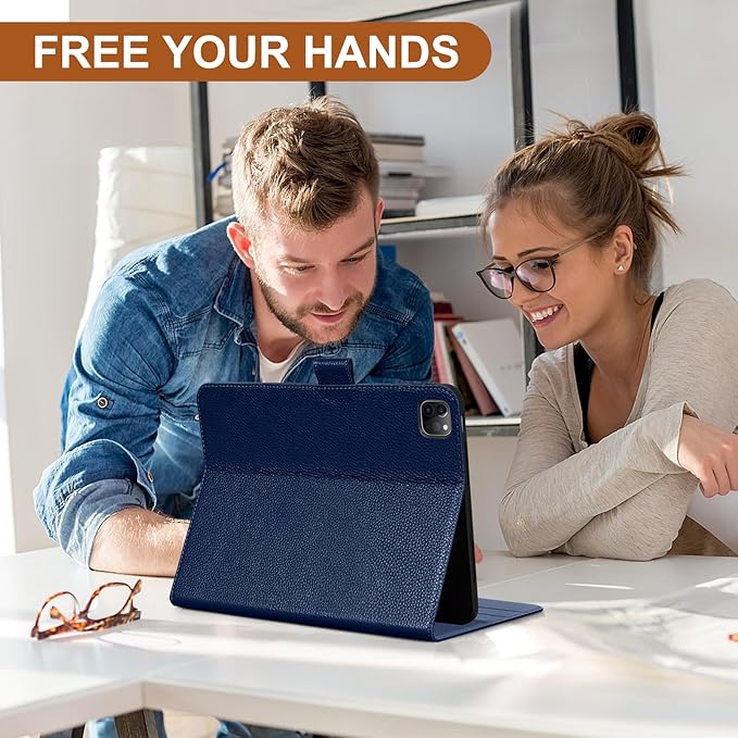 Genuine Leather Case for iPad Pro 11 Inch 4th/3rd/2nd/1st Generation 2022/2021/2020/2018 | with Pencil Holder and Adjustable Stand, Magnetic Closure, Auto Wake/Sleep Cover | Blue