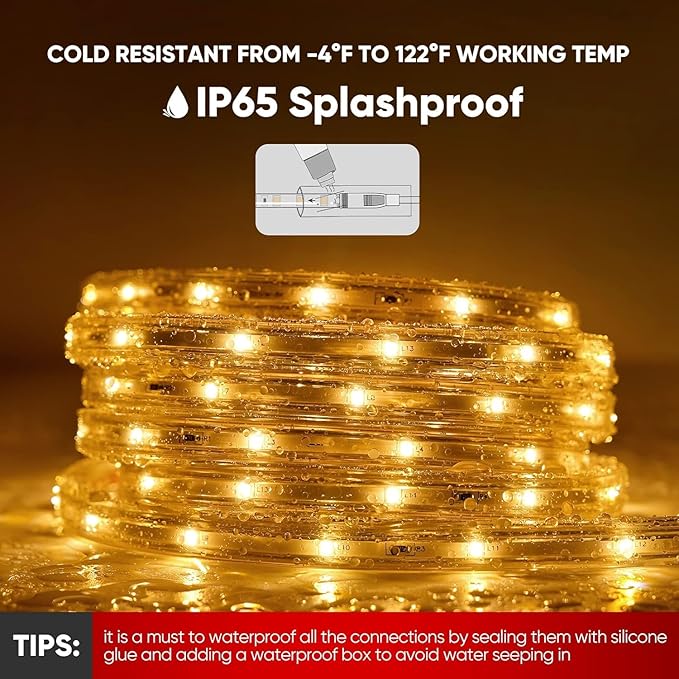Shine Decor LED Strip Lights 36w Low Consumption, Cold Resistant IP65 Waterproof Outdoor Rope Light 120 VAC, Cuttable Connectable Indoor Lite Lighting Strip 50 FT ETL Listed 7x10mm 2800K Warm White